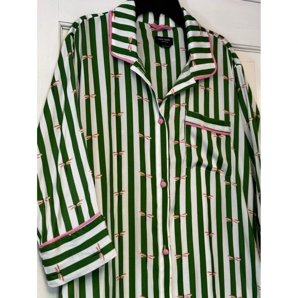 kate‎ spade Green & White Striped Dragonfly Nightgown with Pink Bow Accent